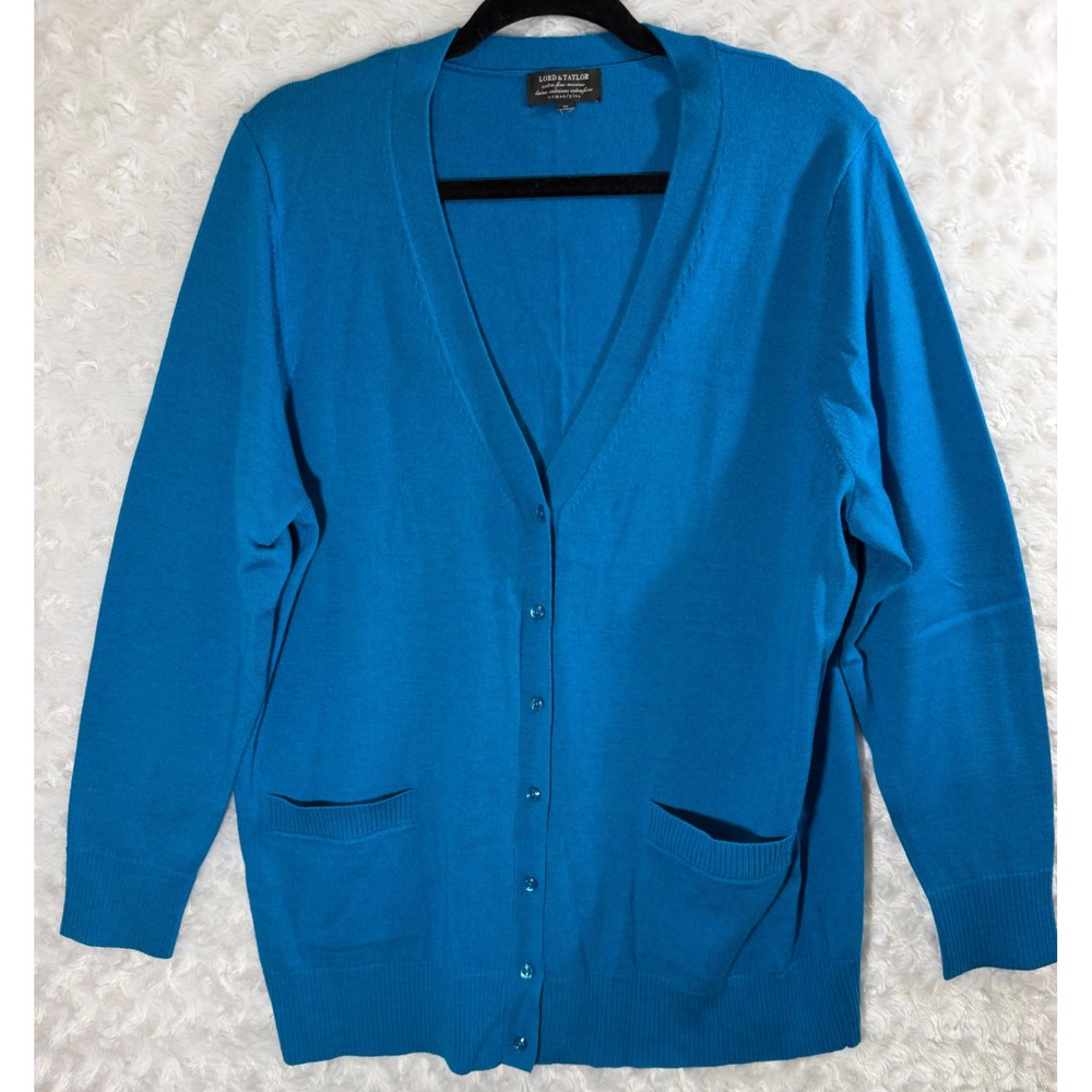 Lord & Taylor Women Size OX Extra Fine Merino Wool Sweater Blue Plus Cardigan